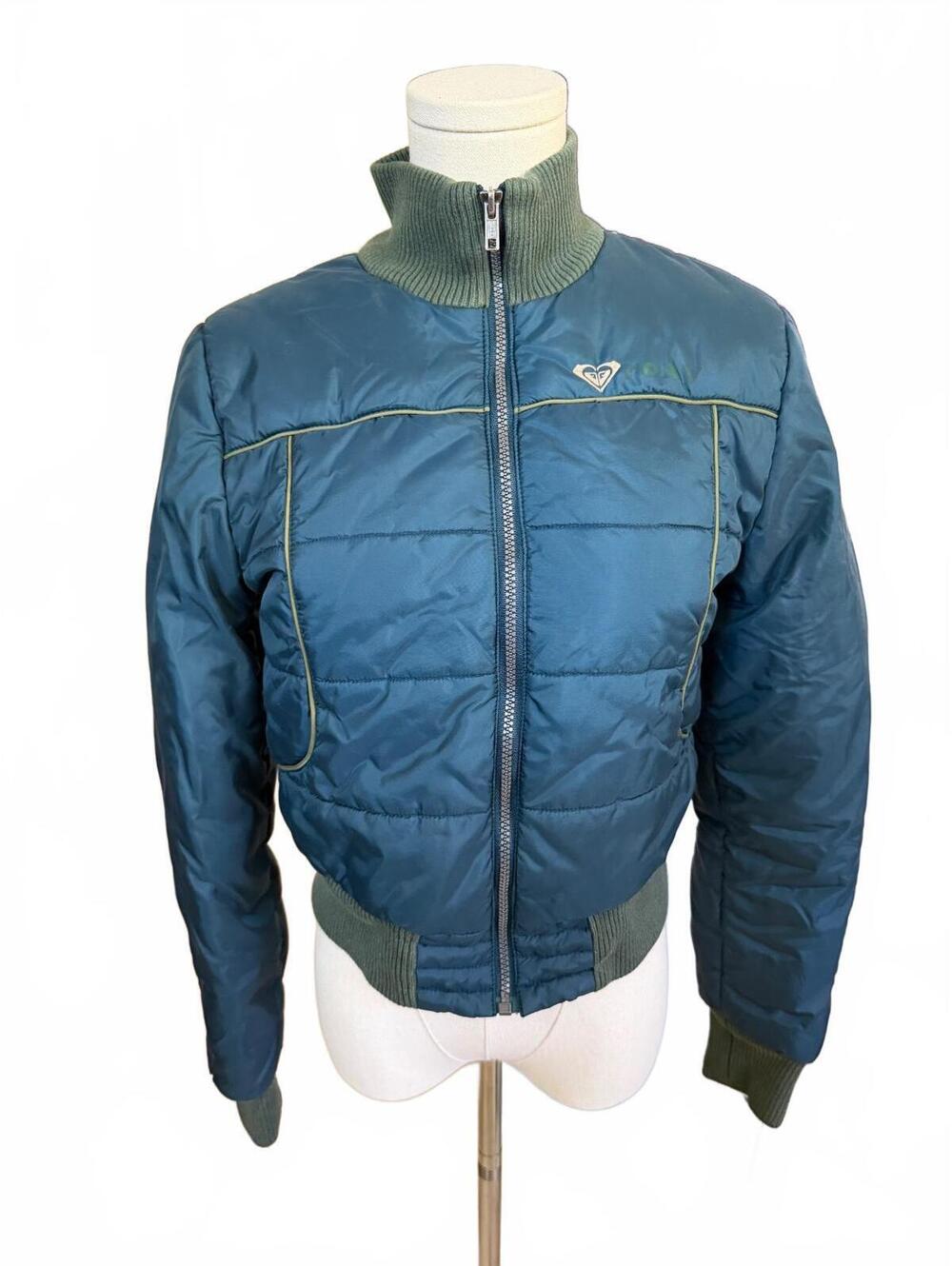 Y2K Roxy Women's Quilted Bomber Jacket with Sunburst Back Design, Size S